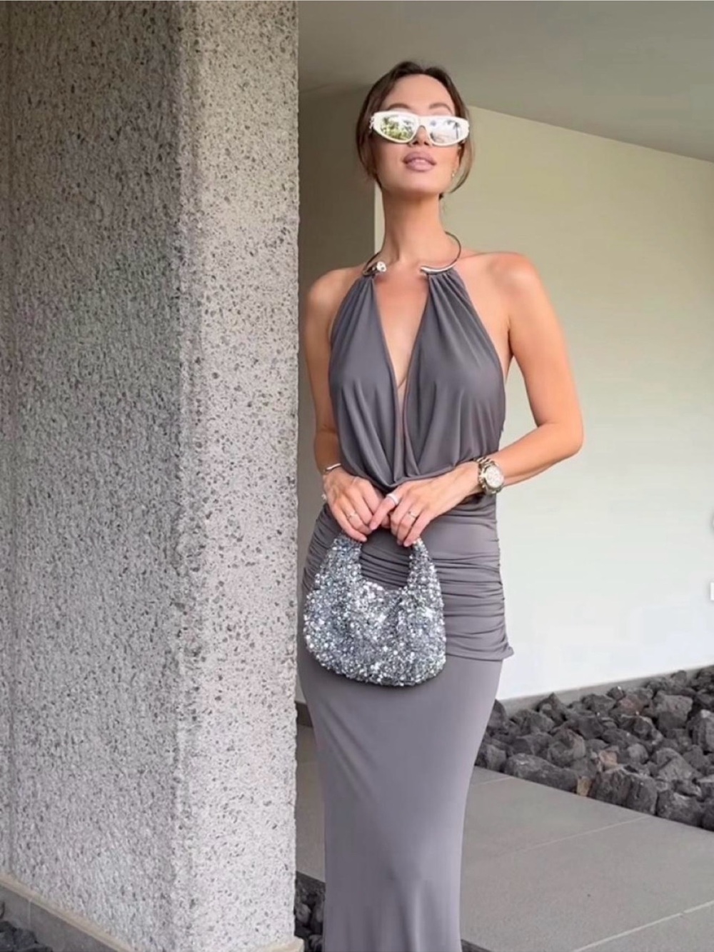 Zara Halter Ruched Maxi Dress in Gray